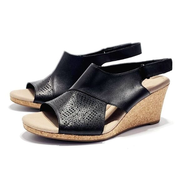 Clarks Lafley Joy New Women's Black Leather Wedge Comfort Sandal Size 10 Wide - Picture 7 of 10